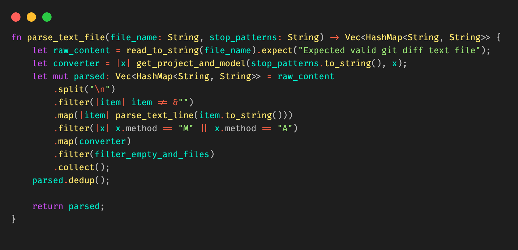 Figure 10: Example Rust code snippet for parsing the Git diff file.
